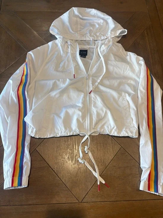 A. Lab Womens Windbreaker Jacket White Hoodie Full Zip Size L Rainbow - Picture 1 of 6